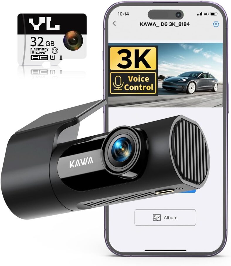 KAWA Cámara para Coche 3K con Giro 360°, Control por Voz y WiFi