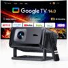 Proyector 4K [Google TV 14.0 y Dolby Audio] Proyector portátil 1080P FHD, Enfoque automático y corrección Trapezoidal, WiFi 6 BT 5.4, Projector con Soporte Giratorio para Cine en casa/Exteriores