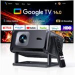 Proyector 4K [Google TV 14.0 y Dolby Audio] Proyector portátil 1080P FHD, Enfoque automático y corrección Trapezoidal, WiFi 6 BT 5.4, Projector con Soporte Giratorio para Cine en casa/Exteriores