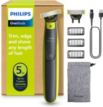 Philips OneBlade 360 Auténtico Recortadora y afeitadora eléctrica para barba, 2 cuchillas 360, 3 peines para barba incipiente (1,3,5 mm), QP2724/31
