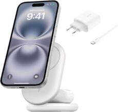 Belkin BoostCharge Cargador Magnético Plegable Qi2 15W, Estación de Carga Inalámbrica Compatible con MagSafe, Carga Rápida para iPhone 17, Air, Pixelsnap, Base con Soporte Antideslizante – Blanco